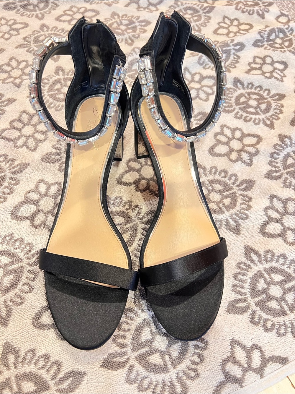 Jewel Badgley Mischka Black Crystal-Ankle Strap Block Heels